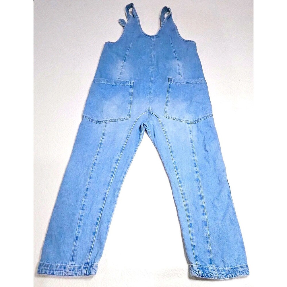 Free People We The Free High Roller Denim Jumpsuit M Light Wash Slouchy Overalls